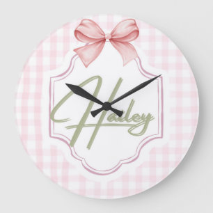 Personalized Hailey Baby Girl Nursery Bow&Gingham Large Clock