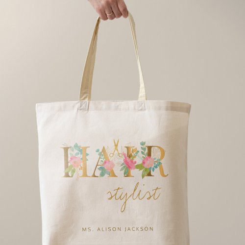 Personalized hairstylist hair salon name logo tote bag
