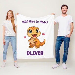 Personalized Halfway to One Dinosaur 6 Month Fleece Blanket