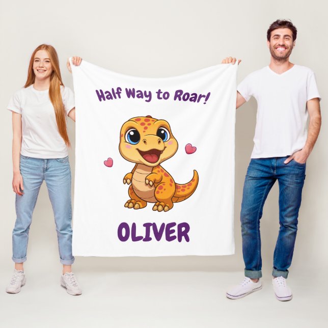 Personalized Halfway to One Dinosaur 6 Month Fleece Blanket (In Situ)