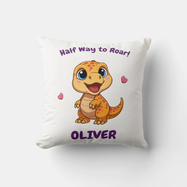 Personalized Halfway to One Dinosaur 6 Month Throw Pillow (Front)
