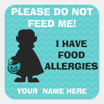 Personalized Halloween Allergy Alert Vampire Teal Square Sticker by LilAllergyAdvocates at Zazzle