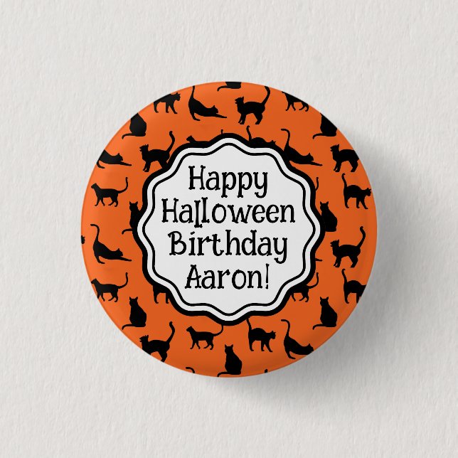 Personalized Halloween Birthday Orange Black Cat  Button (Front)