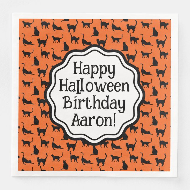 Personalized Halloween Birthday Orange Black Cat  Paper Dinner Napkins (Front)