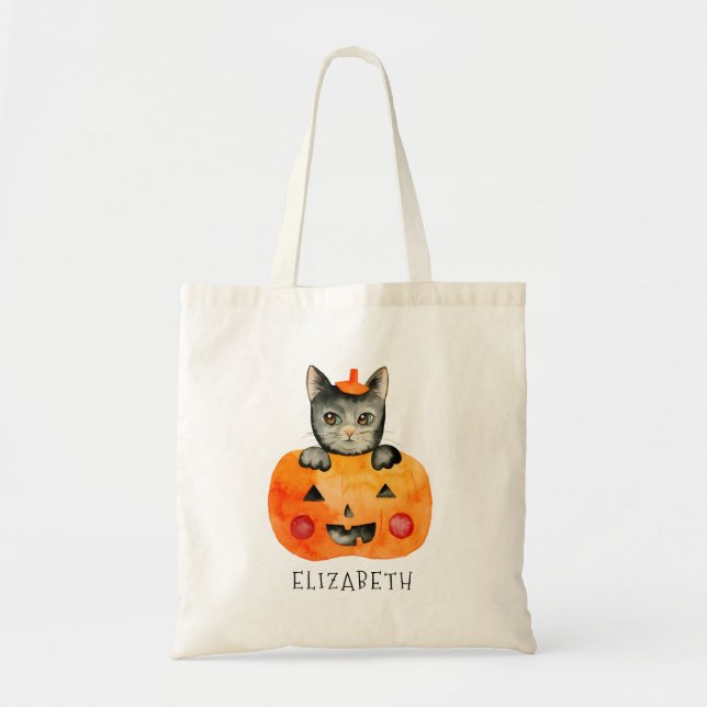 Personalized Halloween Black Cat and Pumpkin Tote Bag (Front)