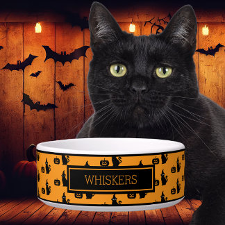 Personalized Halloween Black Cat Pumpkin Pet Bowl