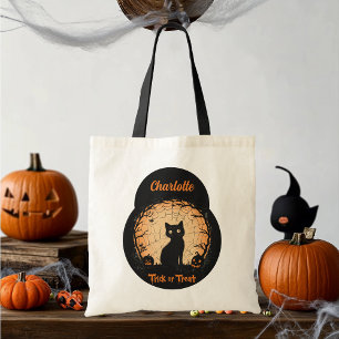 Personalized Halloween Black Cat Trick-or-Treat Tote Bag