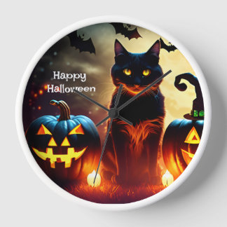 Personalized Halloween Black Cat Wall Clock