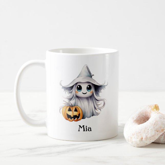 Personalized Halloween Boo-tiful Ghost Girl Coffee Mug (With Donut)