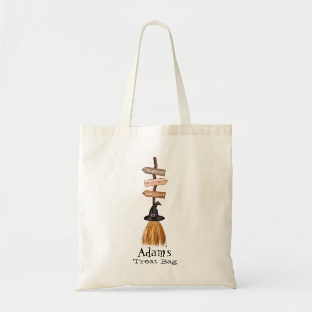 Personalized Halloween Broomstick Trick or Treat Tote Bag (Front)