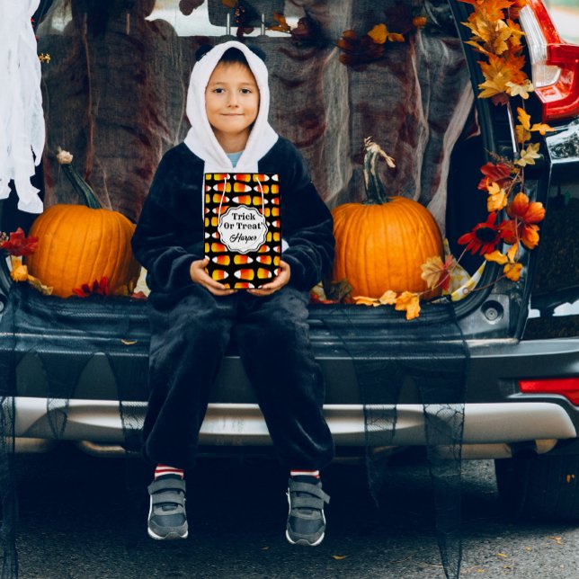 Personalized Halloween Candy Corn Trick or Treat Medium Gift Bag (Giant crazy candy corn adorn this trick or treat bag. Personalize with your kiddo's name!)