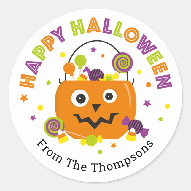 Personalized Halloween Candy Pail Round Sticker (Front)