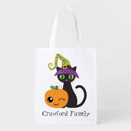 Personalized Halloween Cat and Pumpkin Grocery Bag