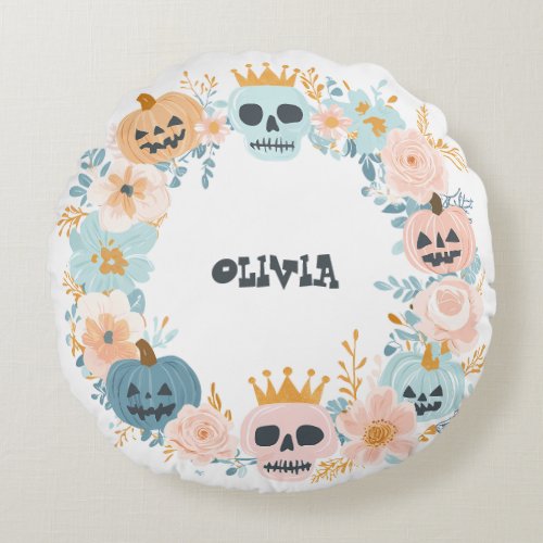 Personalized Halloween Cute Spooky Skull Pumpkin Round Pillow