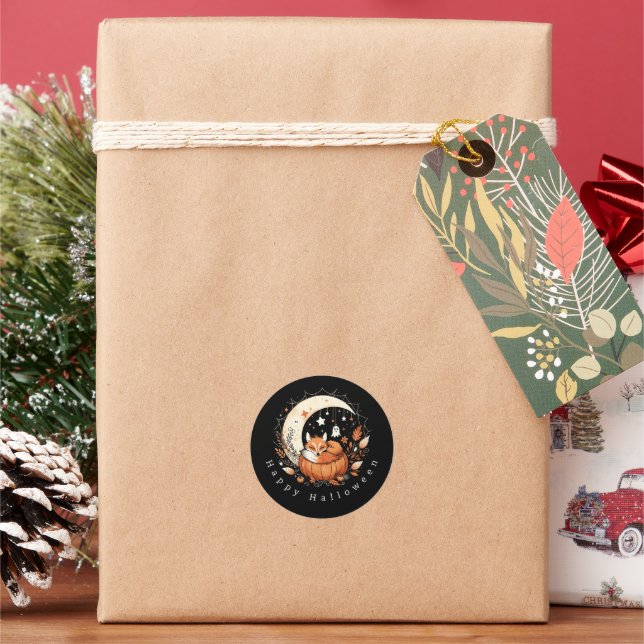 Personalized Halloween Fox and Ghost  Classic Round Sticker (Holiday)