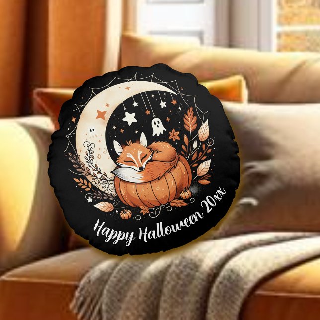 Personalized Halloween Fox and Ghost Round Pillow (Creator Uploaded)