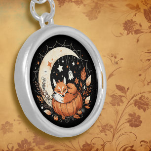 Personalized Halloween Fox and Ghost Silver Plated Necklace