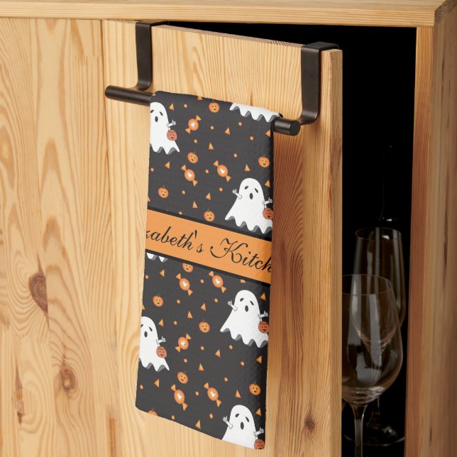 Personalized Halloween Ghost Pattern Black  Kitchen Towel (Thirds Fold)