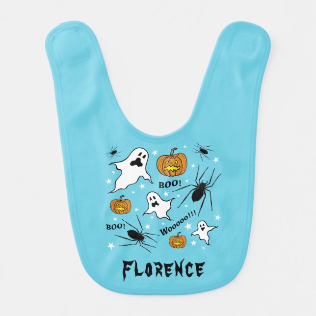 Personalized Halloween Ghosts, Pumpkins and Spider Baby Bib (Front)