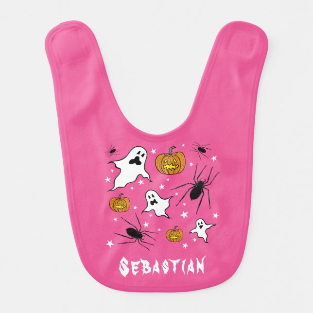 Personalized Halloween Ghosts, Pumpkins and Spider Baby Bib (Front)