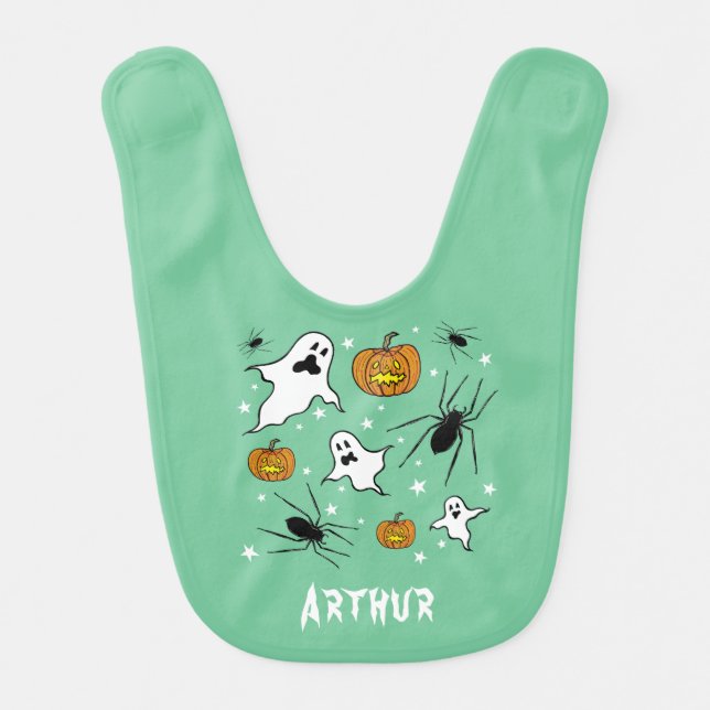 Personalized Halloween Ghosts, Pumpkins and Spider Baby Bib (Front)