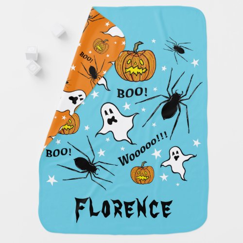Personalized Halloween Ghosts Pumpkins and Spider Baby Blanket