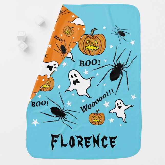 Personalized Halloween Ghosts, Pumpkins and Spider Baby Blanket (In Situ)