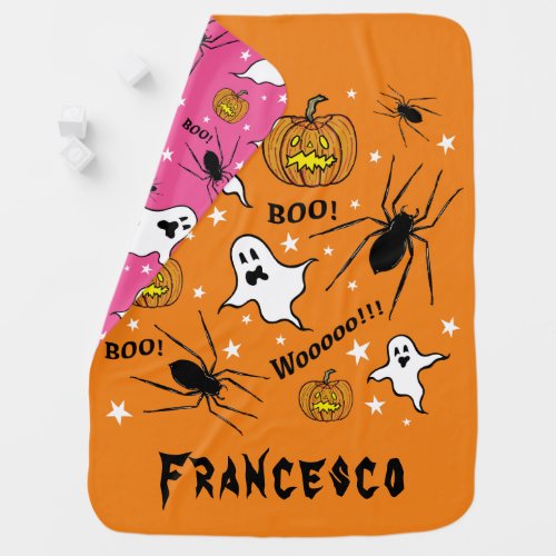 Personalized Halloween Ghosts Pumpkins and Spider Baby Blanket
