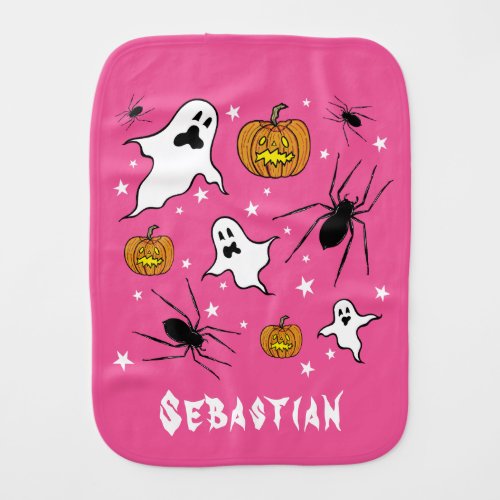 Personalized Halloween Ghosts Pumpkins and Spider Baby Burp Cloth