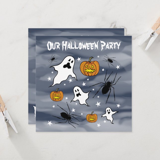 Personalized Halloween Ghosts, Pumpkins and Spider Invitation (Front/Back In Situ)