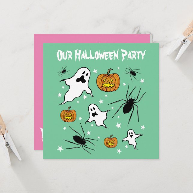 Personalized Halloween Ghosts, Pumpkins and Spider Invitation (Front/Back In Situ)