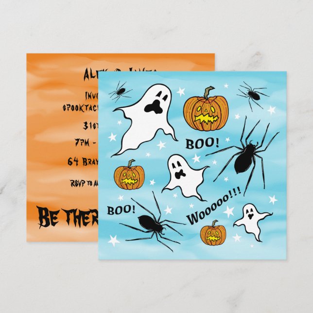 Personalized Halloween Ghosts, Pumpkins and Spider Invitation (Front/Back)