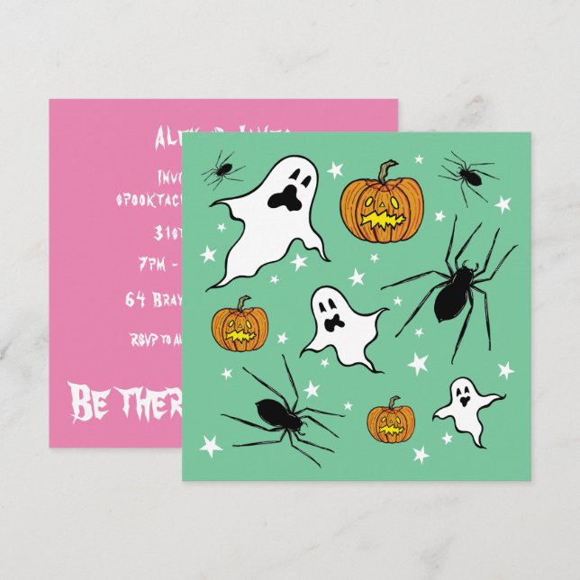 Personalized Halloween Ghosts, Pumpkins and Spider Invitation (Front/Back)