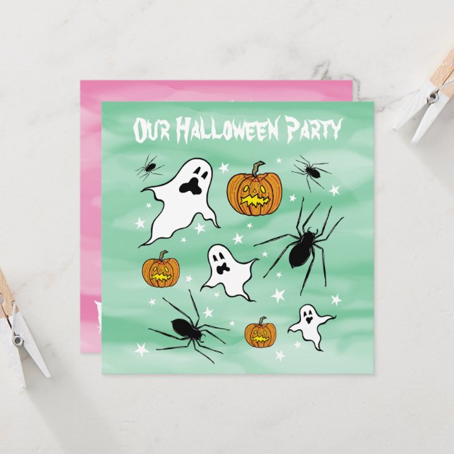 Personalized Halloween Ghosts, Pumpkins and Spider Invitation (Front/Back In Situ)