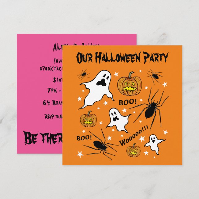 Personalized Halloween Ghosts, Pumpkins and Spider Invitation (Front/Back)