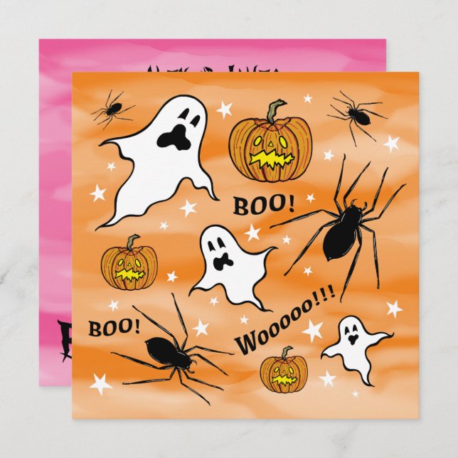 Personalized Halloween Ghosts, Pumpkins and Spider Invitation (Front/Back)