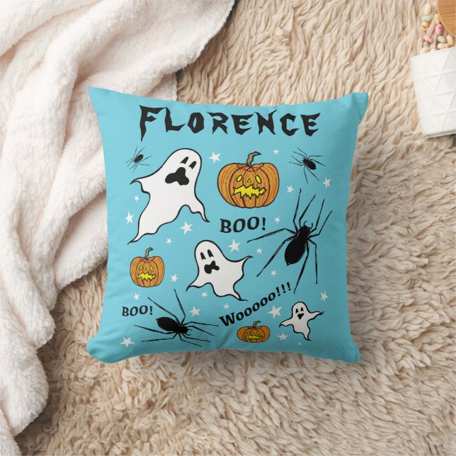 Personalized Halloween Ghosts, Pumpkins and Spider Throw Pillow (Blanket)