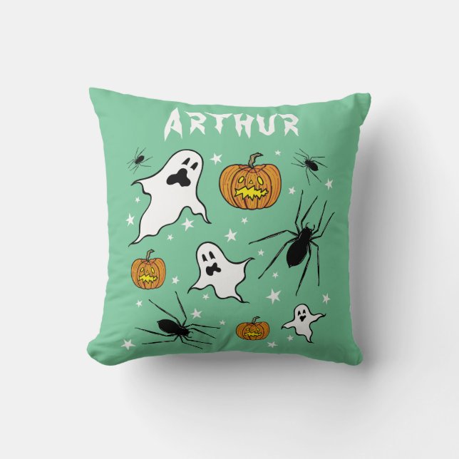 Personalized Halloween Ghosts, Pumpkins and Spider Throw Pillow (Front)
