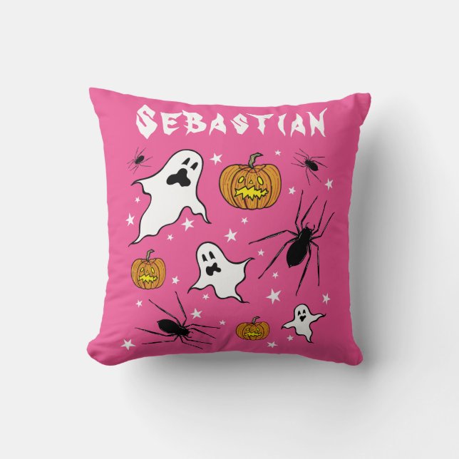 Personalized Halloween Ghosts, Pumpkins and Spider Throw Pillow (Front)