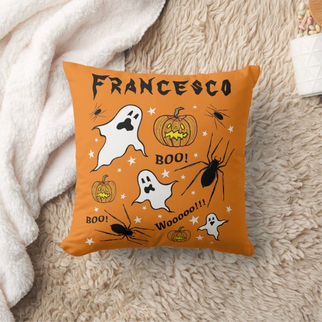Personalized Halloween Ghosts, Pumpkins and Spider Throw Pillow (Blanket)