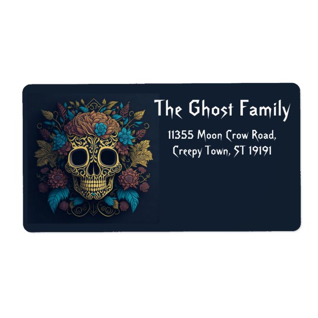 Personalized Halloween Ghosts Skull Floral Label (Front)