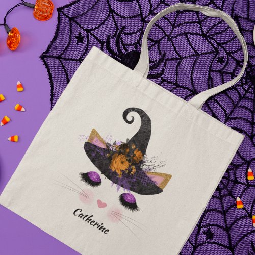 Personalized Halloween Glamor Floral Cat Witch Tote Bag