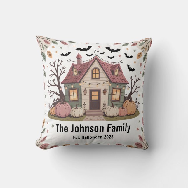 Personalized Halloween Haunted House Family Name Throw Pillow (Front)