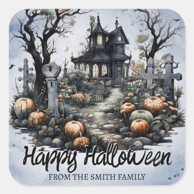 Personalized Halloween Haunted House Square Sticker (Front)
