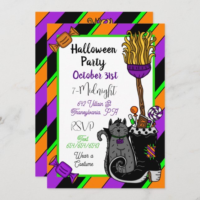 Personalized Halloween Invites | Witch and Cat (Front/Back)