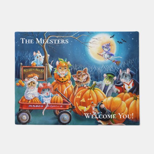 Personalized Halloween Mice in Pumpkin Patch Art  Doormat