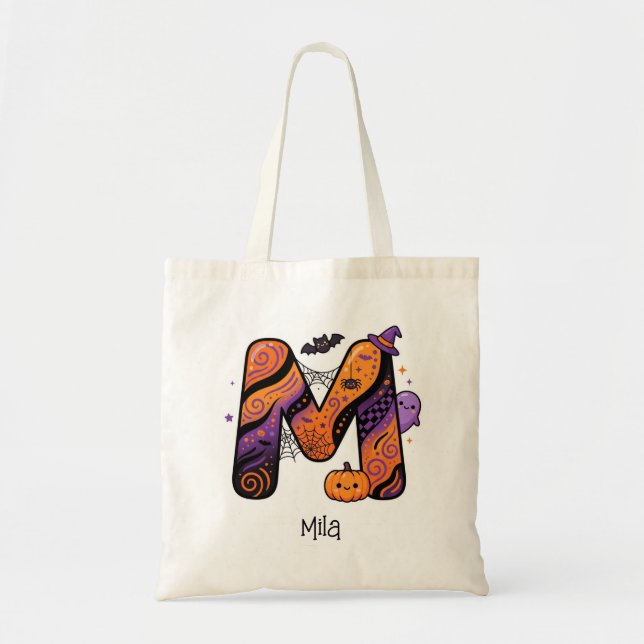 Personalized Halloween Monogram Initial Letter M Tote Bag (Front)