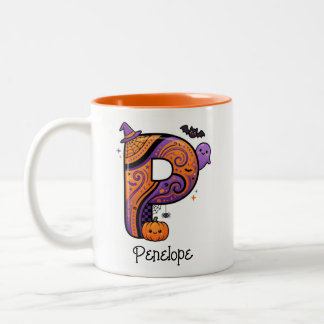 Personalized Halloween Monogram Initial Letter P Two-Tone Coffee Mug