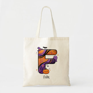 Personalized Halloween Monogram Letter F Bat Tote Bag