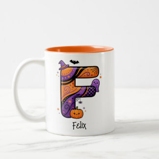 Personalized Halloween Monogram Letter F Bat Two-Tone Coffee Mug